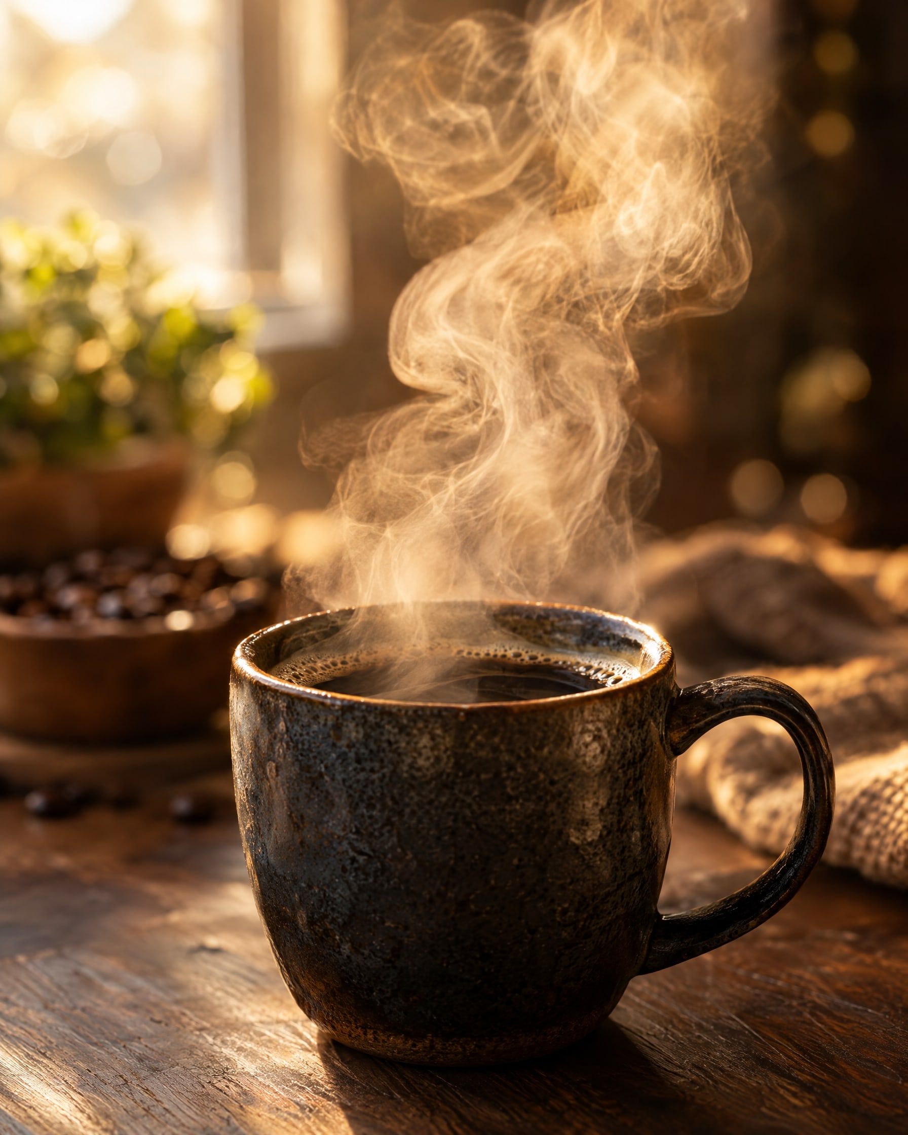 Dampfende Tasse Kaffee im Gegenlicht