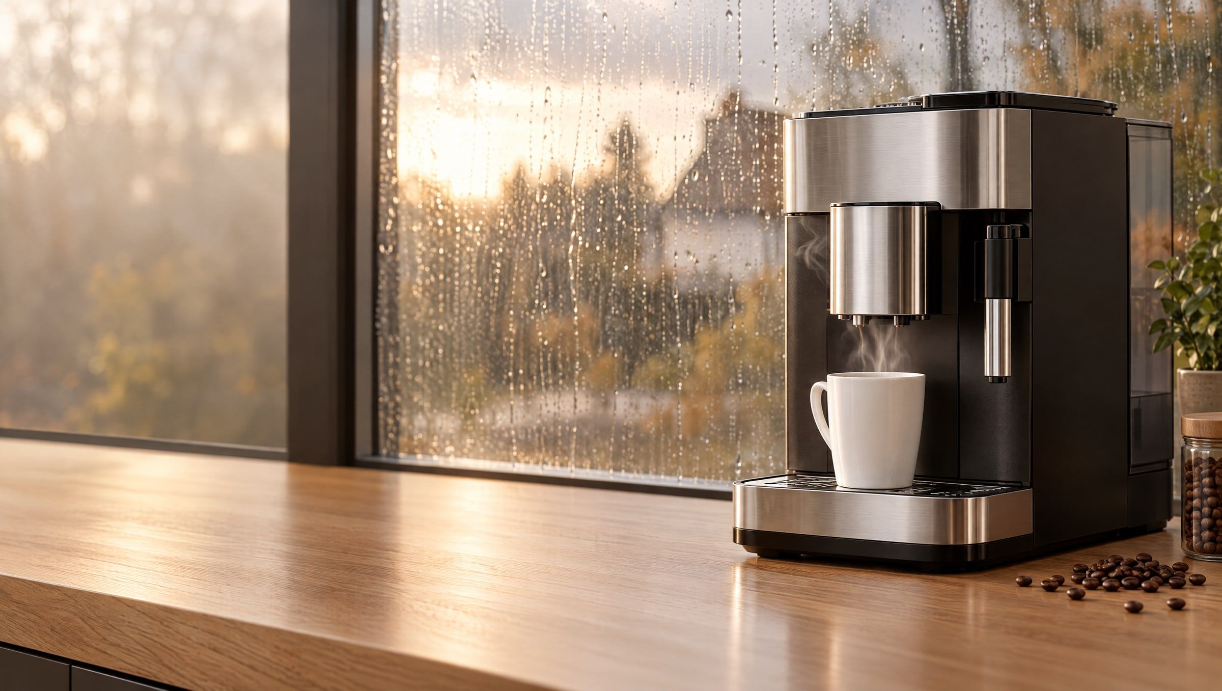 Kaffeevollautomat ohne Markenlogo mit weißer Tasse auf einer Holzarbeitsplatte vor einem verregneten Fenster (KI-Bild)