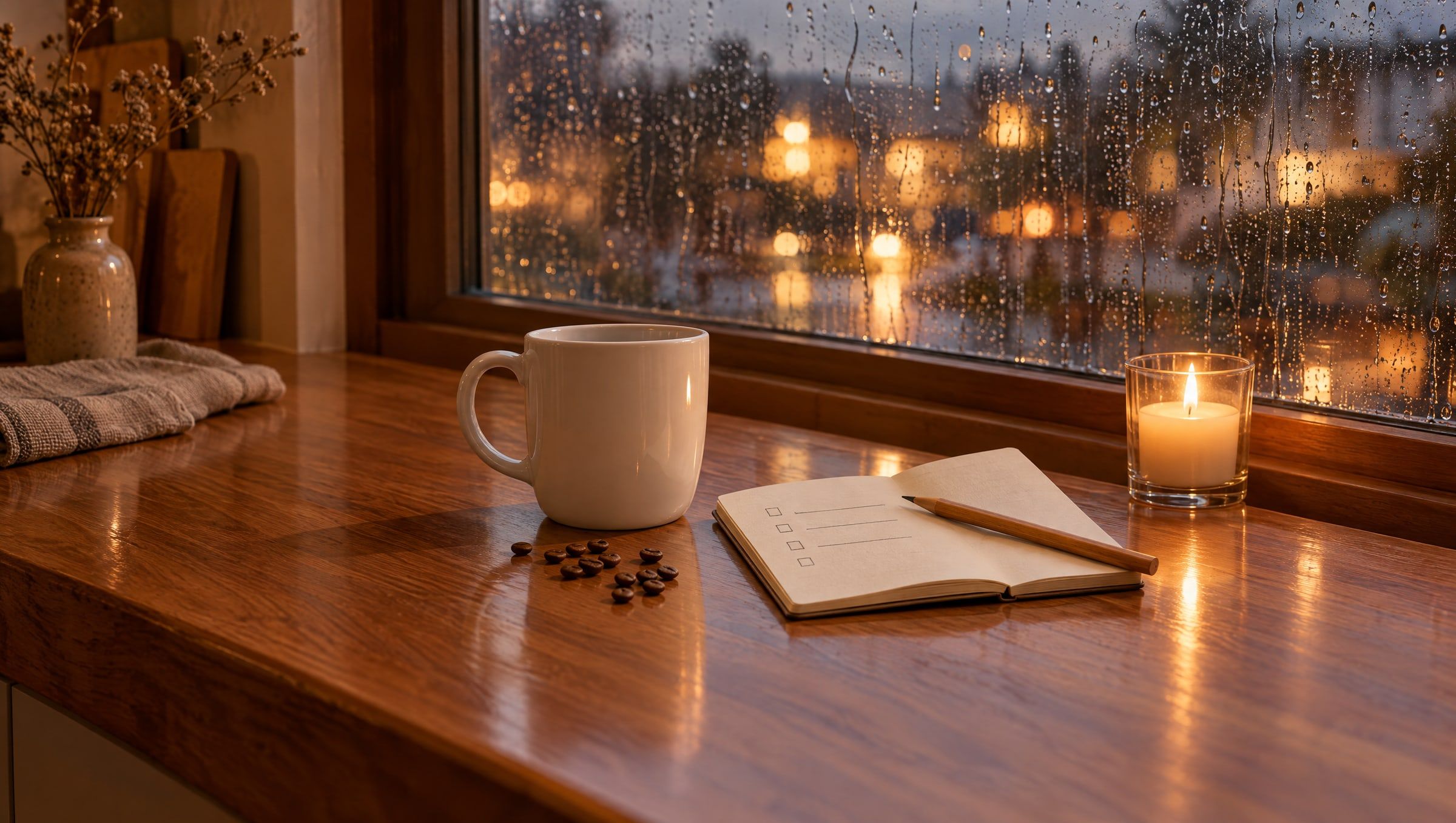 Weiße Tasse, aufgeschlagenes Notizbuch mit leeren Kästchen und Bleistift, ein paar Kaffeebohnen und eine Kerze auf einer Holzarbeitsplatte am verregneten Fenster am Abend (KI-Bild)