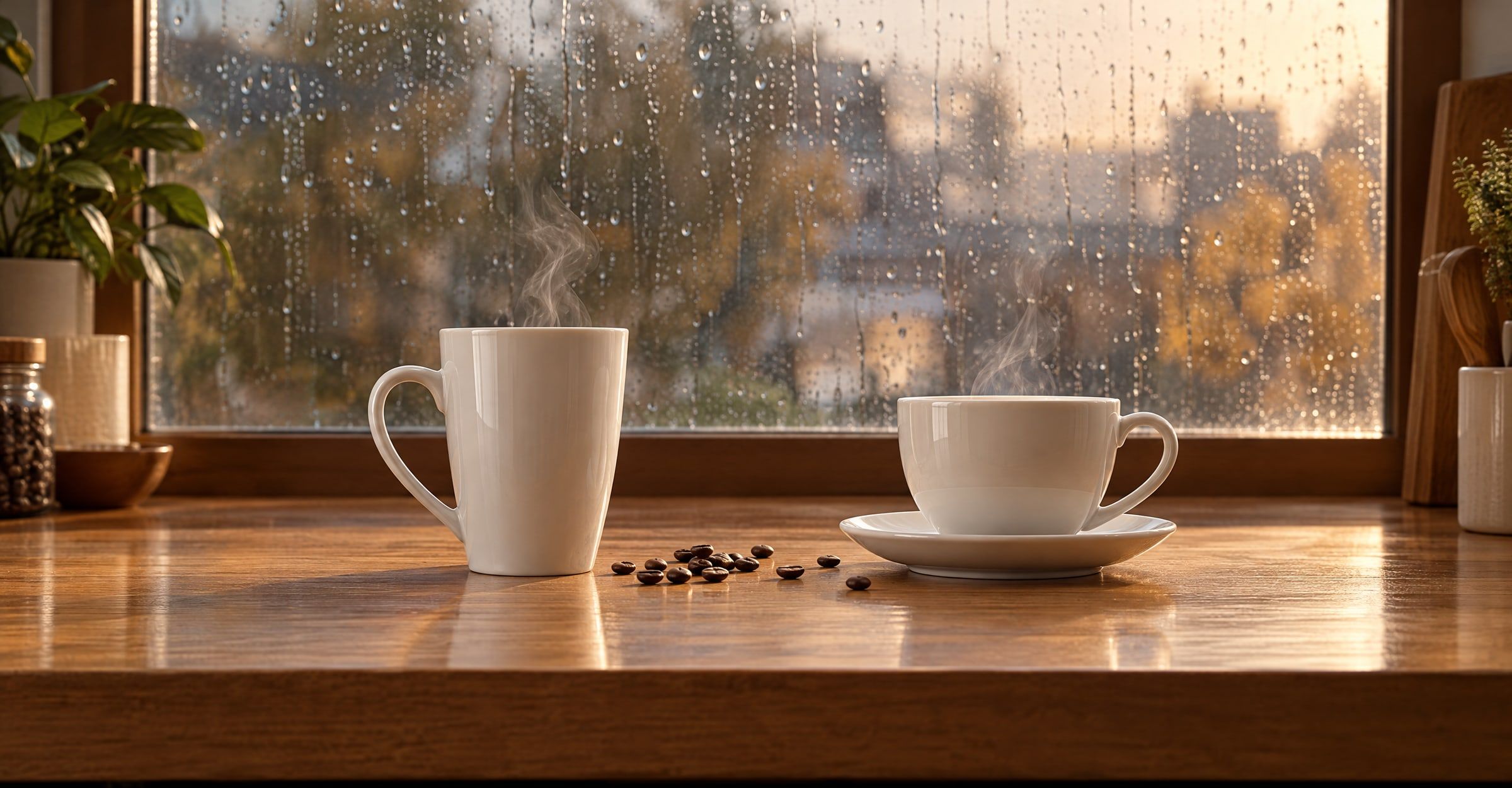 Ein hoher weißer Becher und eine Tasse auf Untertasse stehen sich auf einer Holzarbeitsplatte am verregneten Fenster gegenüber (KI-Bild)