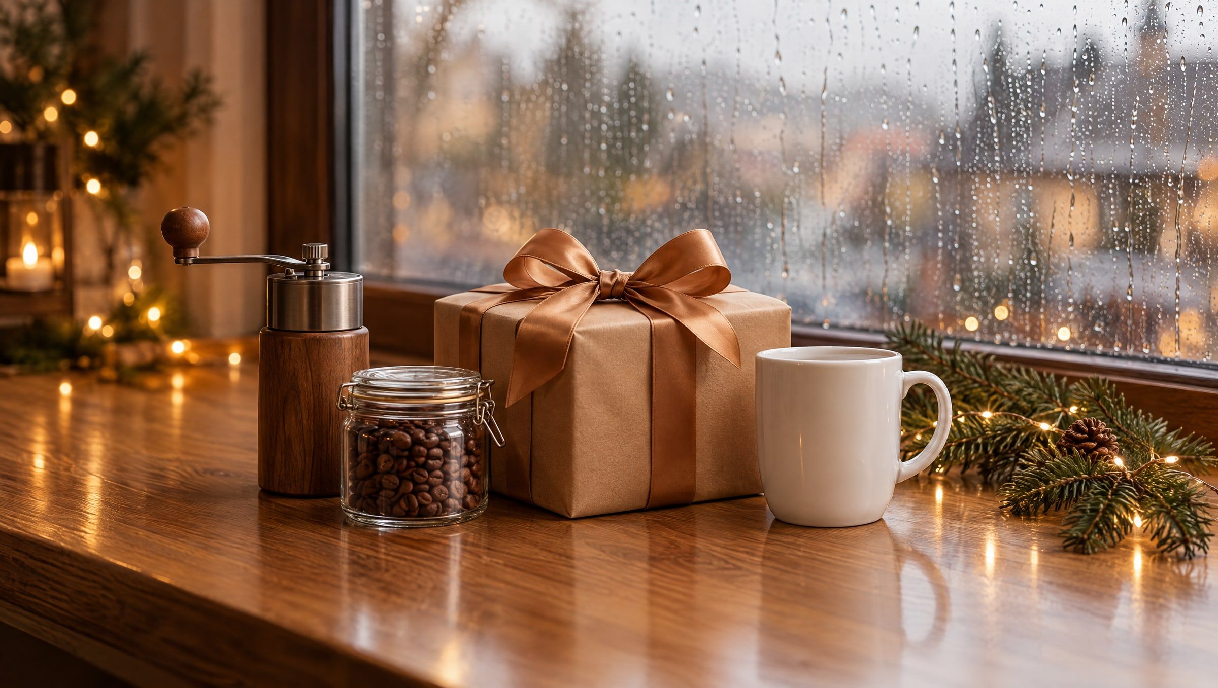 Geschenk in Packpapier mit Schleife zwischen Handmühle, Glas mit Bohnen und Becher, Tannenzweig und Lichterkette am verregneten Fenster (KI-Bild)