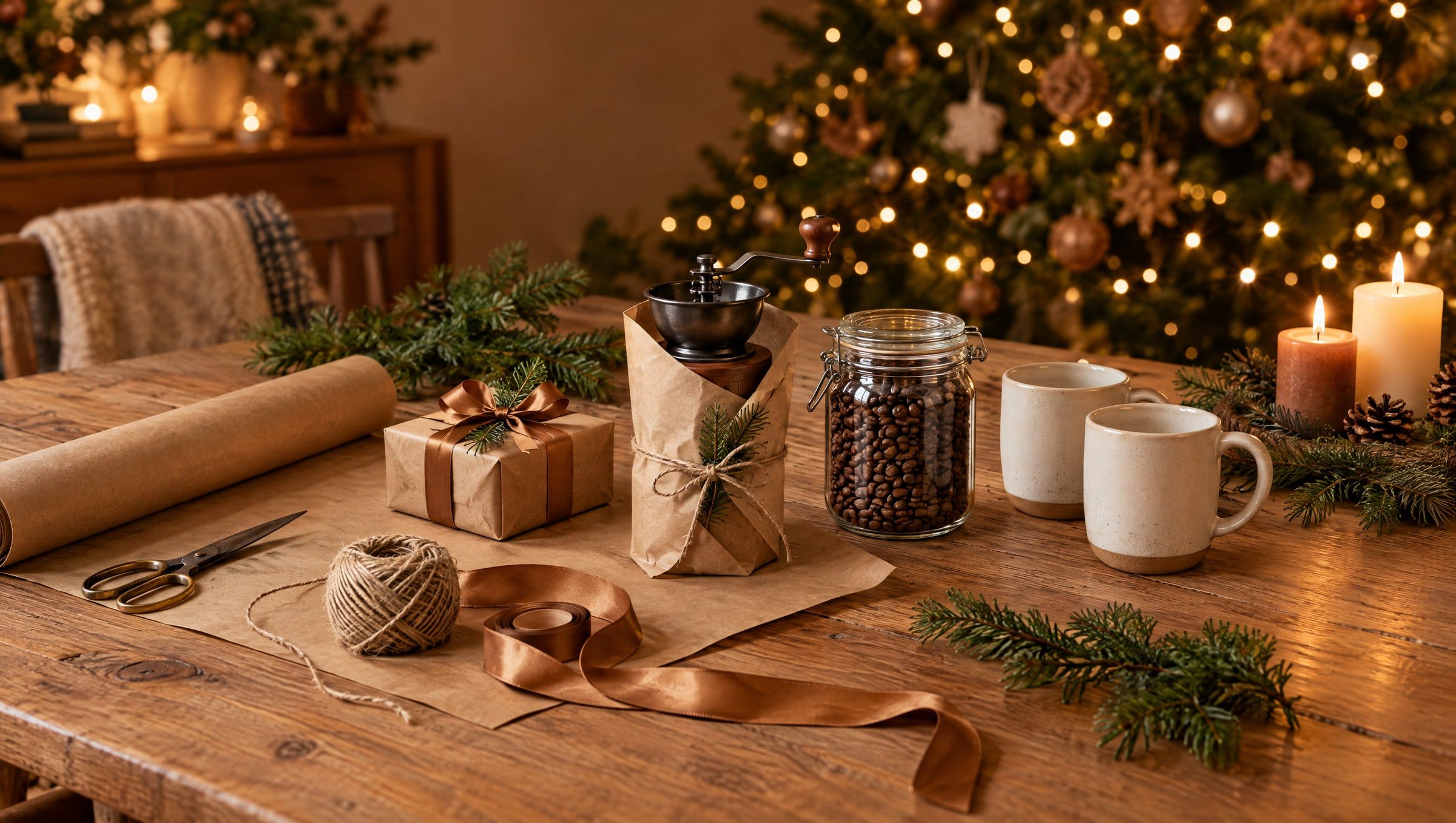 Geschenktisch mit Packpapier, Schleifenband, Schere, einer halb eingepackten Handmühle, Bohnenglas, zwei Bechern und Kerzen vor einem leuchtenden Weihnachtsbaum (KI-Bild)