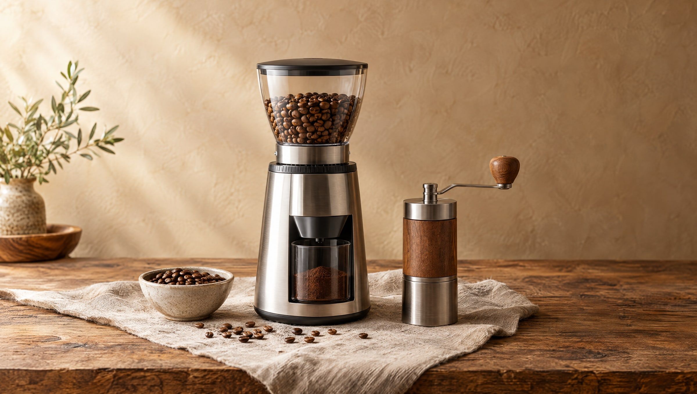 Elektrische Kaffeemühle und Handmühle ohne Marke auf einem Leinentuch, daneben Kaffeebohnen, im seitlichen Tageslicht (KI-Bild)