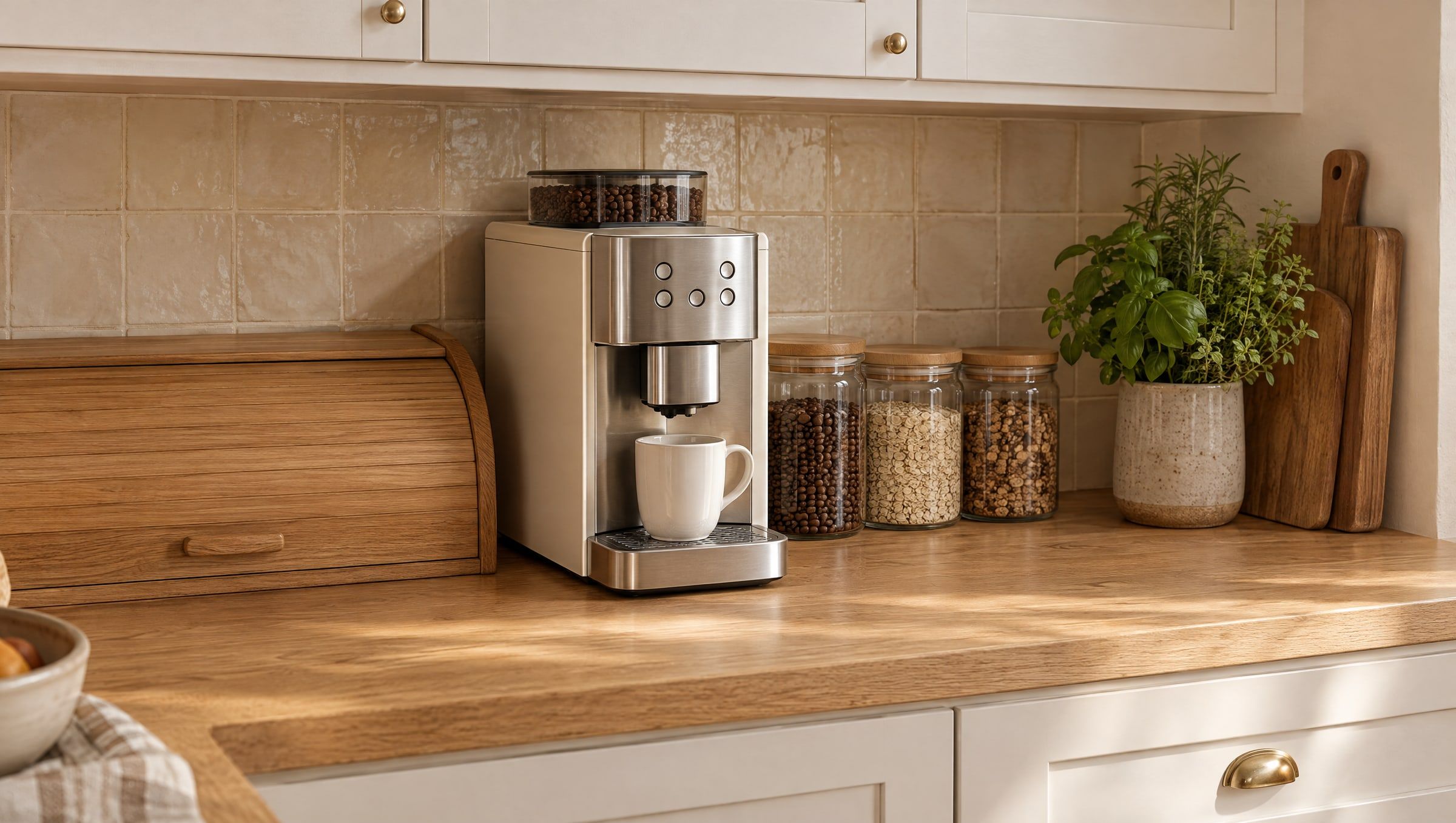 Kompakter Kaffeevollautomat ohne Marke mit weißer Tasse in einer schmalen Lücke unter dem Hängeschrank, zwischen Brotkasten und Vorratsgläsern auf einer Eichenarbeitsplatte (KI-Bild)