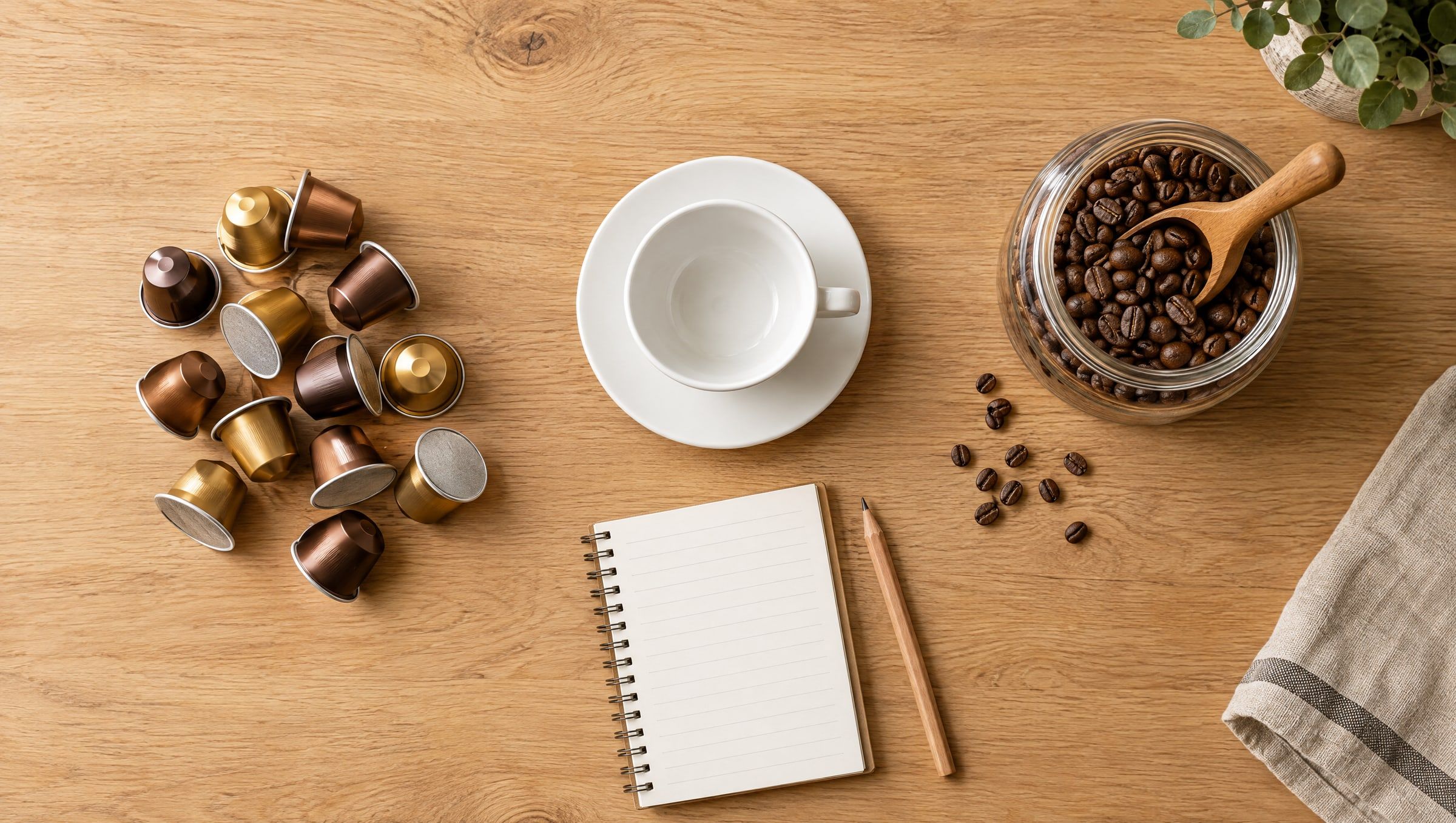 Von oben: Kaffeekapseln ohne Aufdruck, eine leere weiße Tasse, ein Glas Kaffeebohnen mit Holzschaufel und ein Notizblock auf einem hellen Holztisch (KI-Bild)