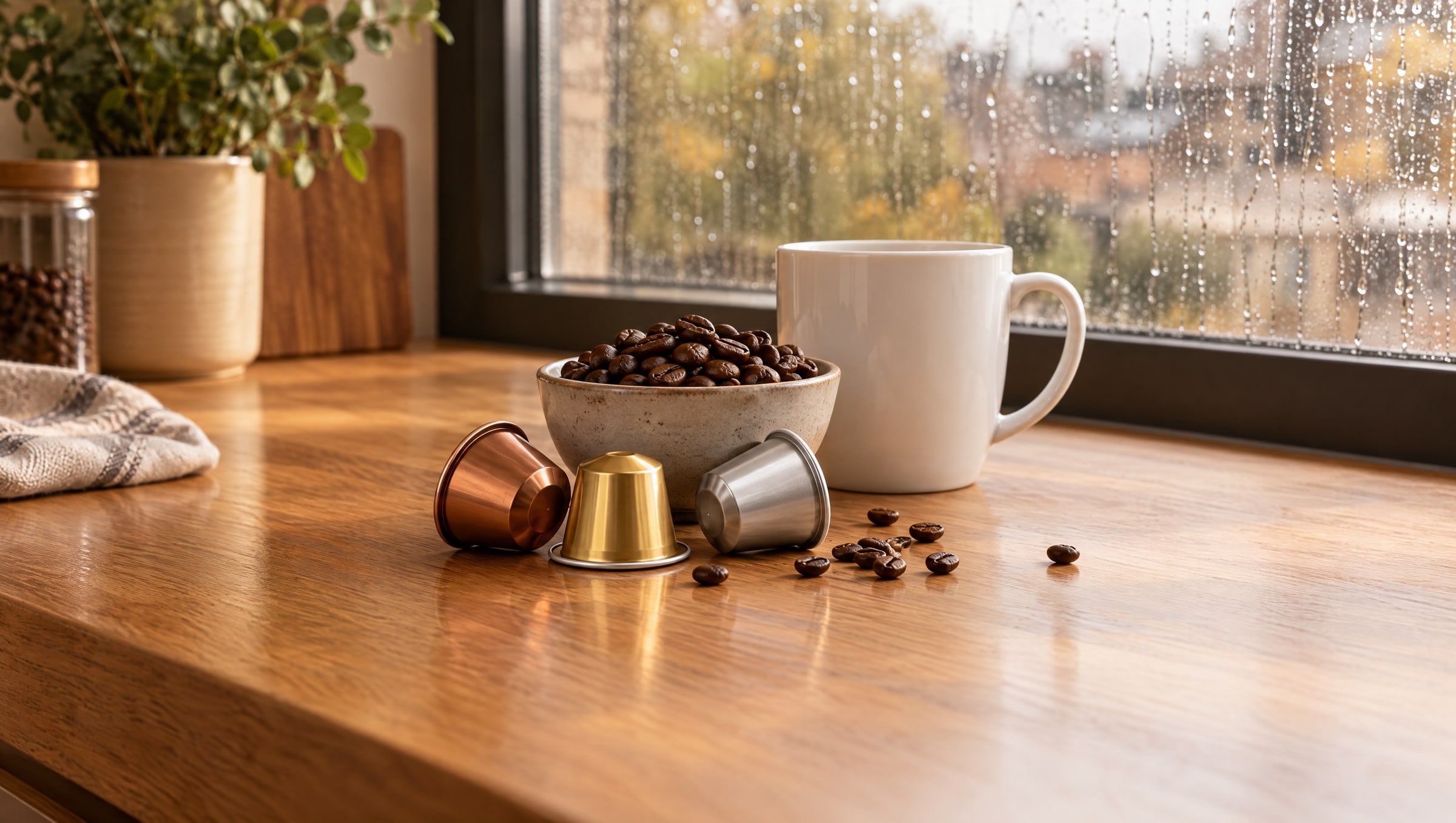 Drei Kaffeekapseln ohne Aufdruck neben einer Schale mit Kaffeebohnen und einem weißen Becher am verregneten Fenster (KI-Bild)