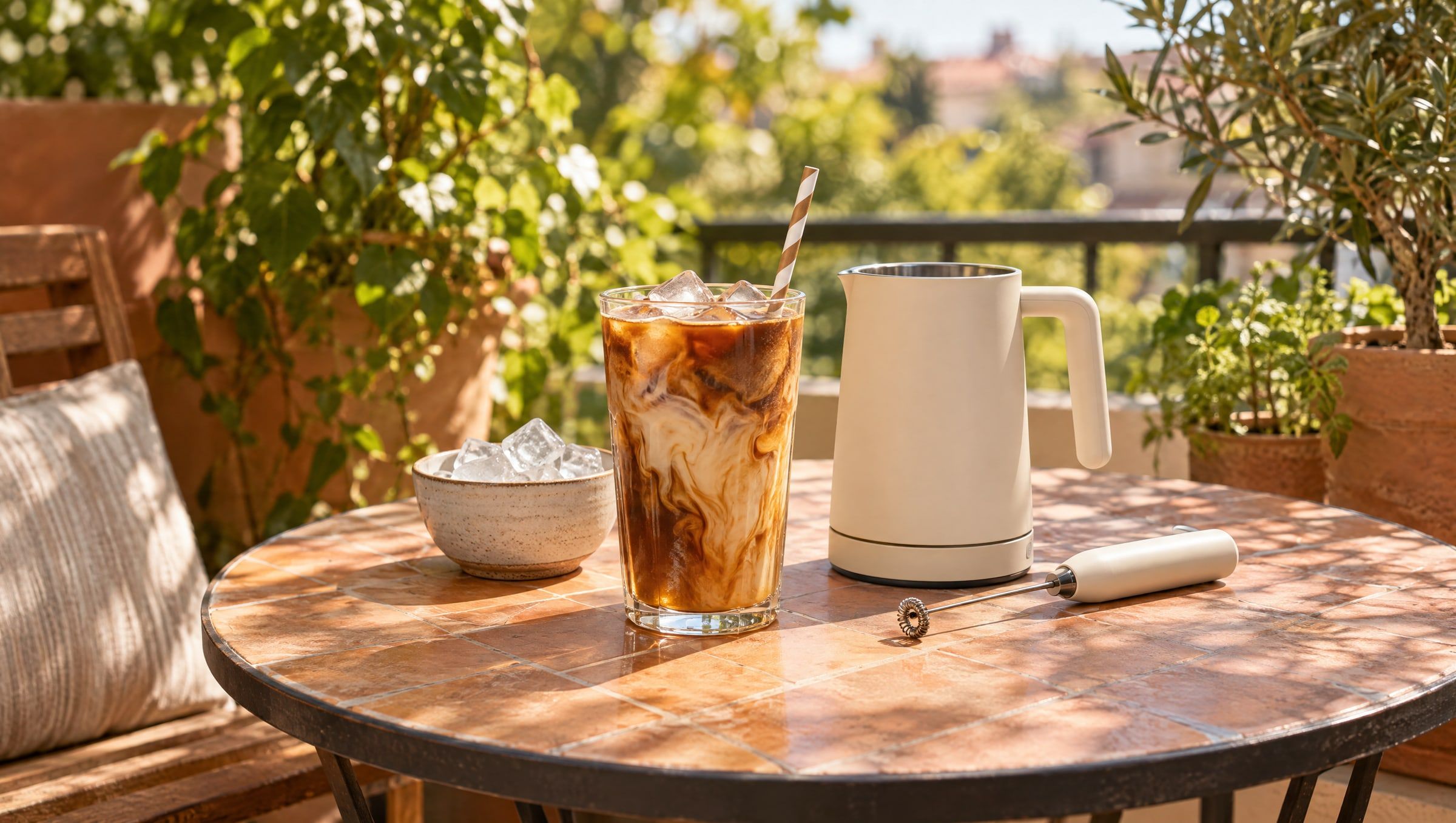 Eiskaffee mit Milch im Glas, Milchaufschäumer-Kanne und Aufschäumstab ohne Marke auf einem Balkontisch in der Sommersonne (KI-Bild)