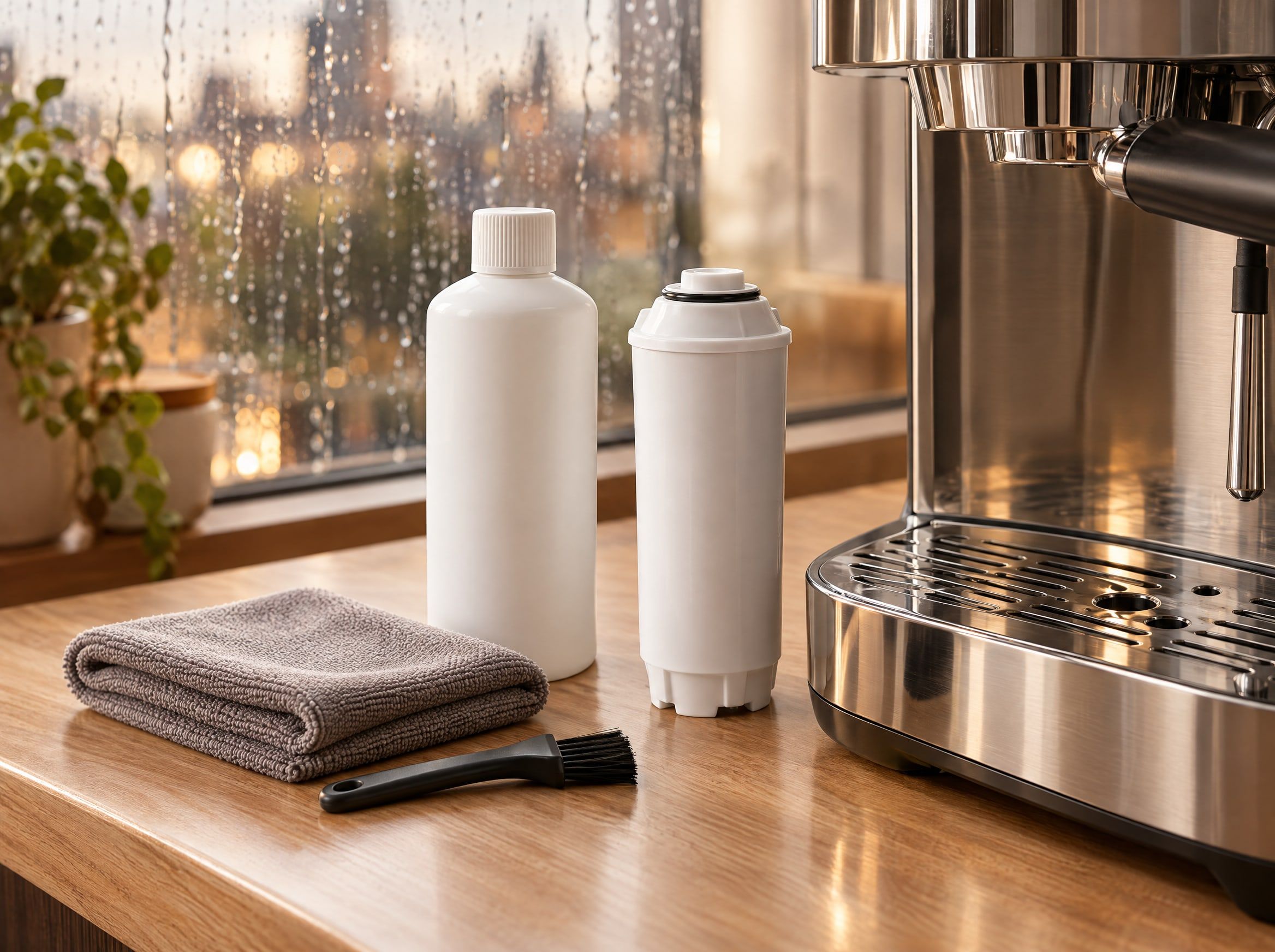 Pflegemittel ohne Etikett, Wasserfilter, Tuch und Bürste neben einer Kaffeemaschine (KI-Bild)
