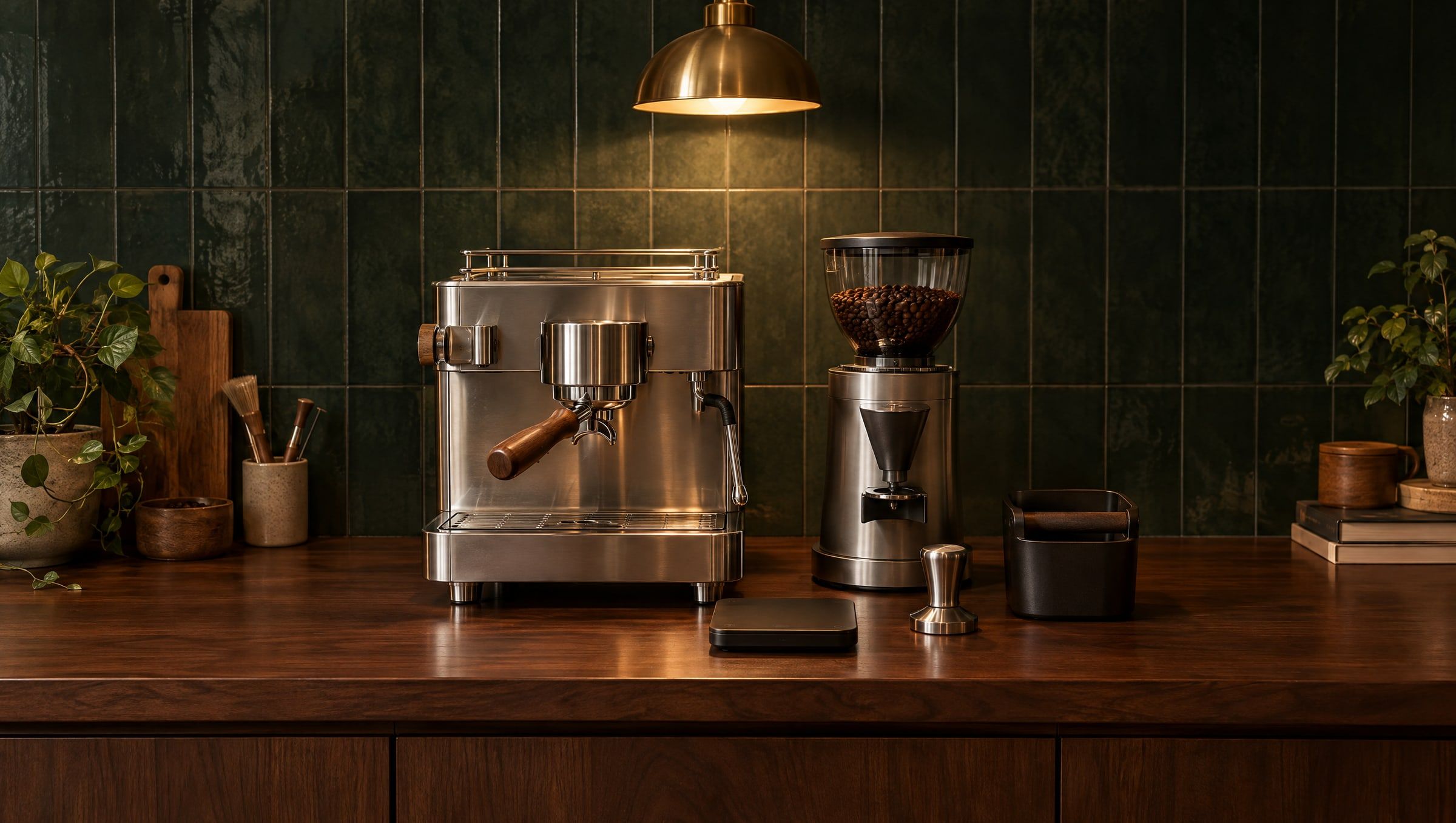 Siebträgermaschine und Kaffeemühle ohne Marke mit Tamper, Abklopfbehälter und Waage vor grünen Fliesen unter einer Messinglampe (KI-Bild)