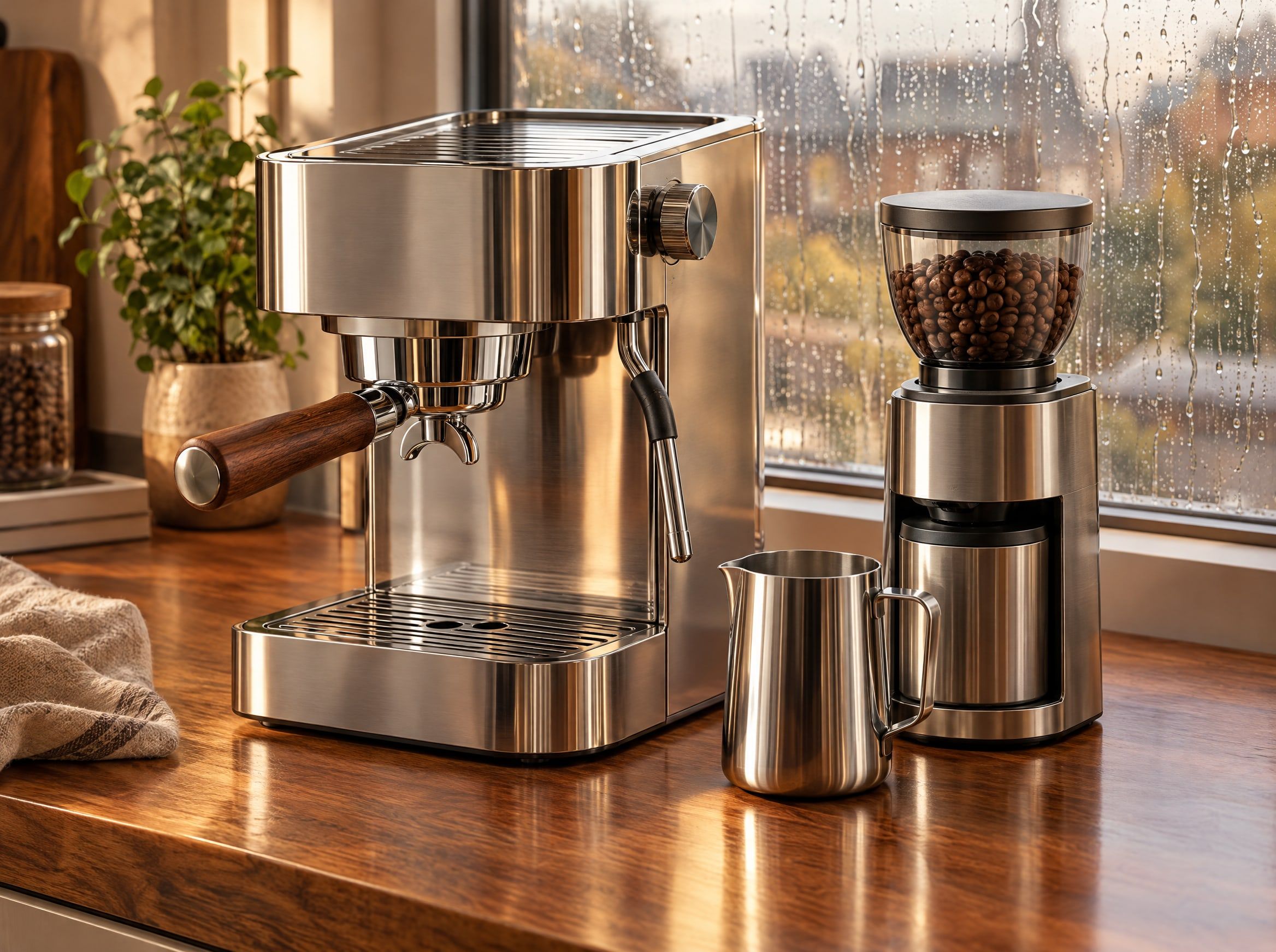 Siebträgermaschine aus Edelstahl mit Holzgriff, Milchkännchen und Kaffeemühle, ohne Marke (KI-Bild)