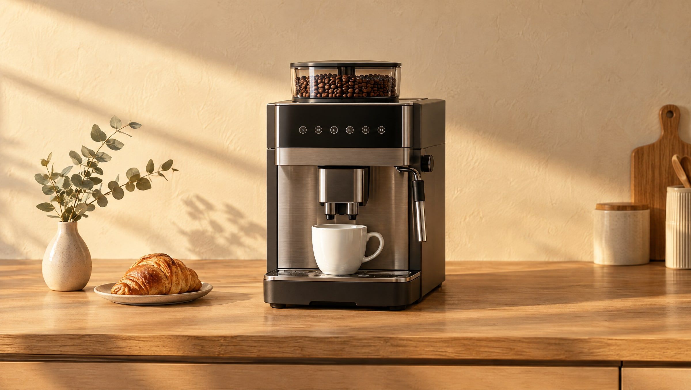 Kaffeevollautomat ohne Markenlogo mit Bohnenbehälter und weißer Tasse in der Morgensonne, daneben ein Croissant und ein Eukalyptuszweig (KI-Bild)