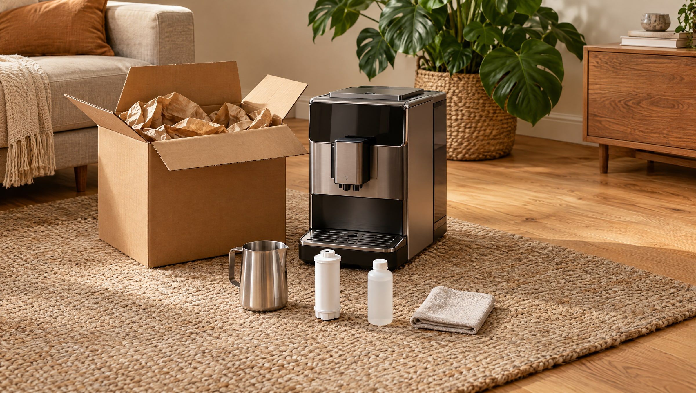 Geöffneter Versandkarton auf einem Wohnzimmerteppich, daneben ein ausgepackter Kaffeevollautomat ohne Marke, Milchkännchen, Wasserfilter, Flasche ohne Etikett und Tuch (KI-Bild)