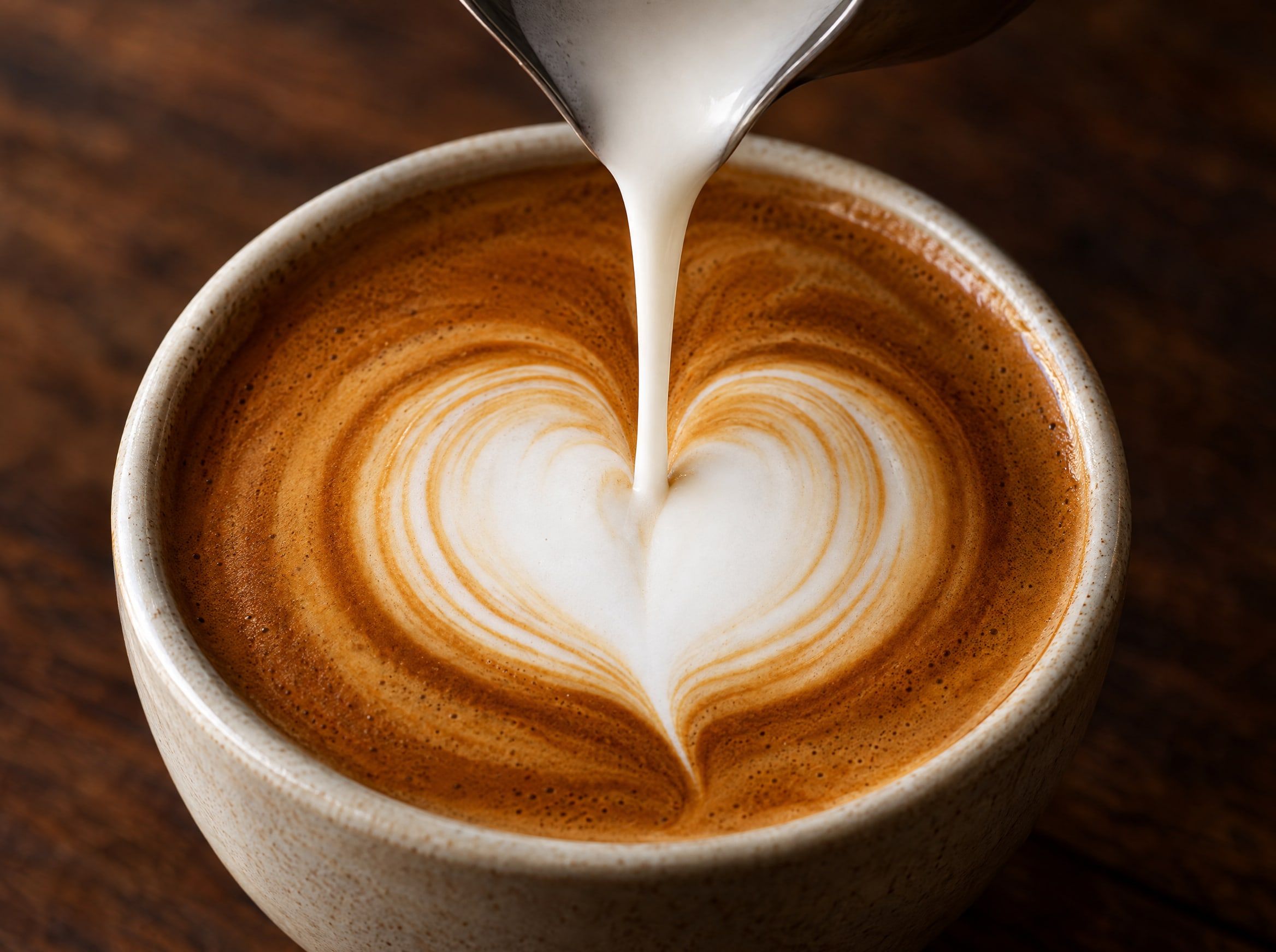 Milchschaum wird in einen Espresso gegossen und formt ein Herz